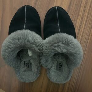 UGG Black Suede Slippers with Gray Shearling Lining